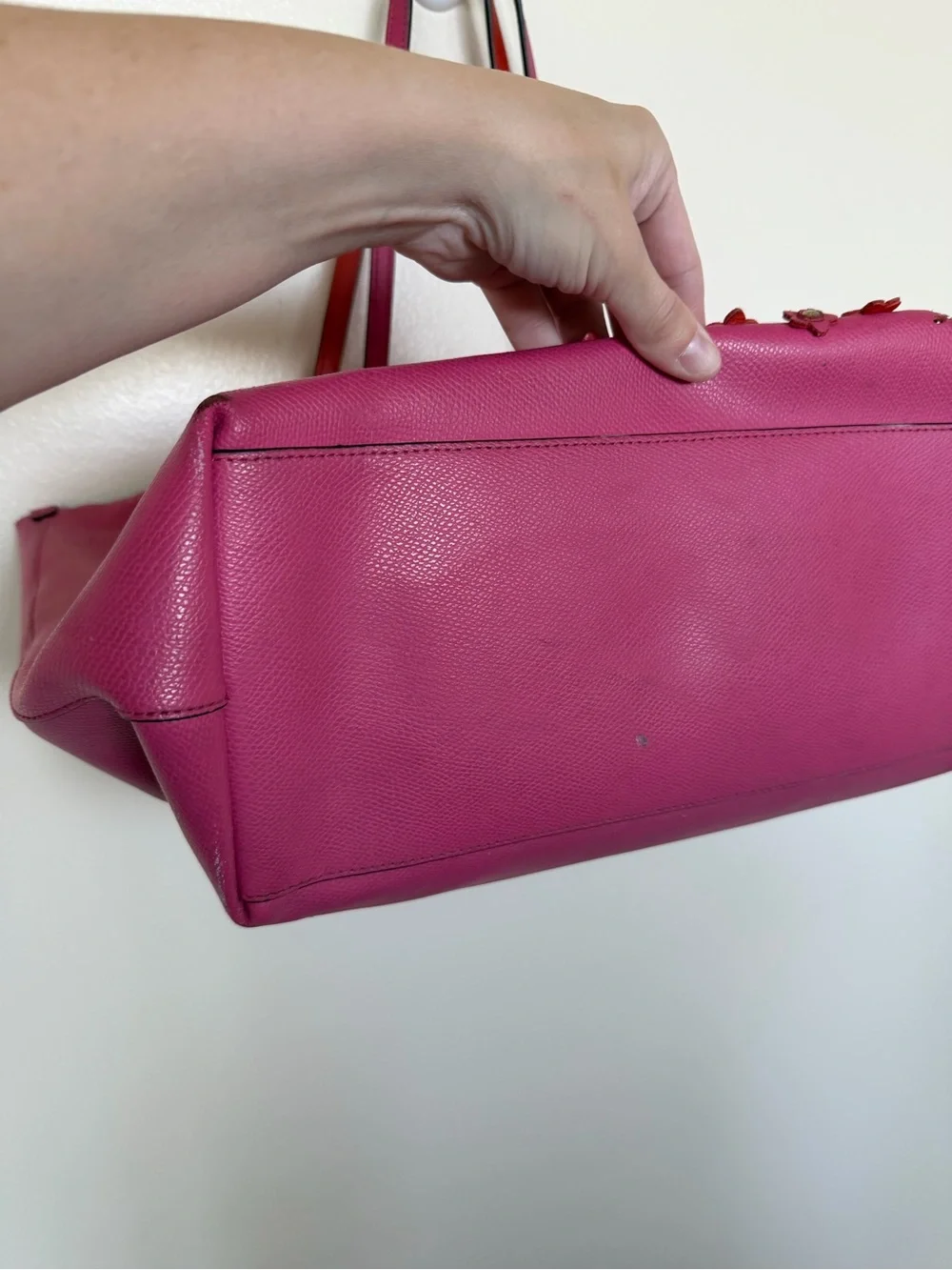 COACH Metro Fuschia Leather Tote w/ Floral Embellishments and Scalloped Top Edge
